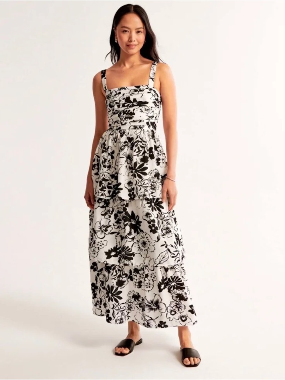 Abercrombie & Fitch Black and White Floral Tiered Maxi Dress, size XL
